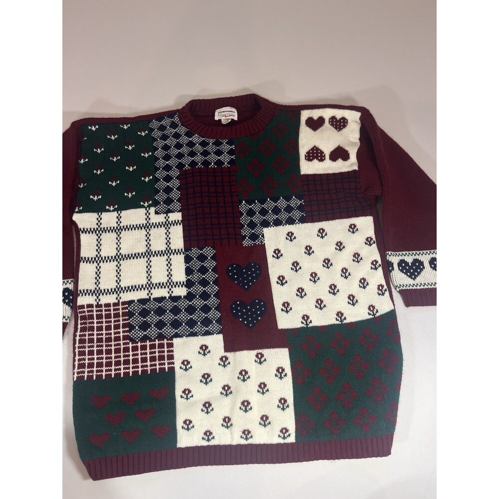 Vintage New Addition Maternity Patchwork Sweater Medium | Burgundy Cottagecore - Picture 4 of 14